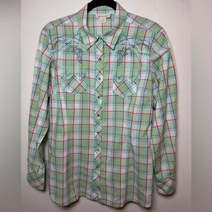 Ariat Plaid Western Snap Shirt Embroidered Rhinestone Cowgirl Top Large